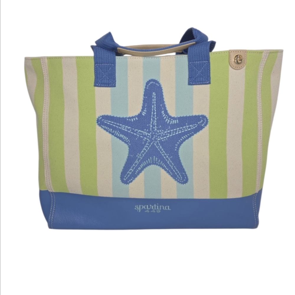 Spartina 449 Large Canvas Beach Tote Embroidered Applique Blue Starfish NEW